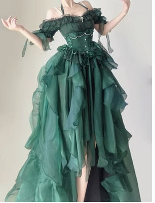 Getadme Green Flower Wedding Dress Cos Lolita Dress Op Dress Lolita Heavy Industry Trail Puffy Princess Dress, Lolita Cosplay
