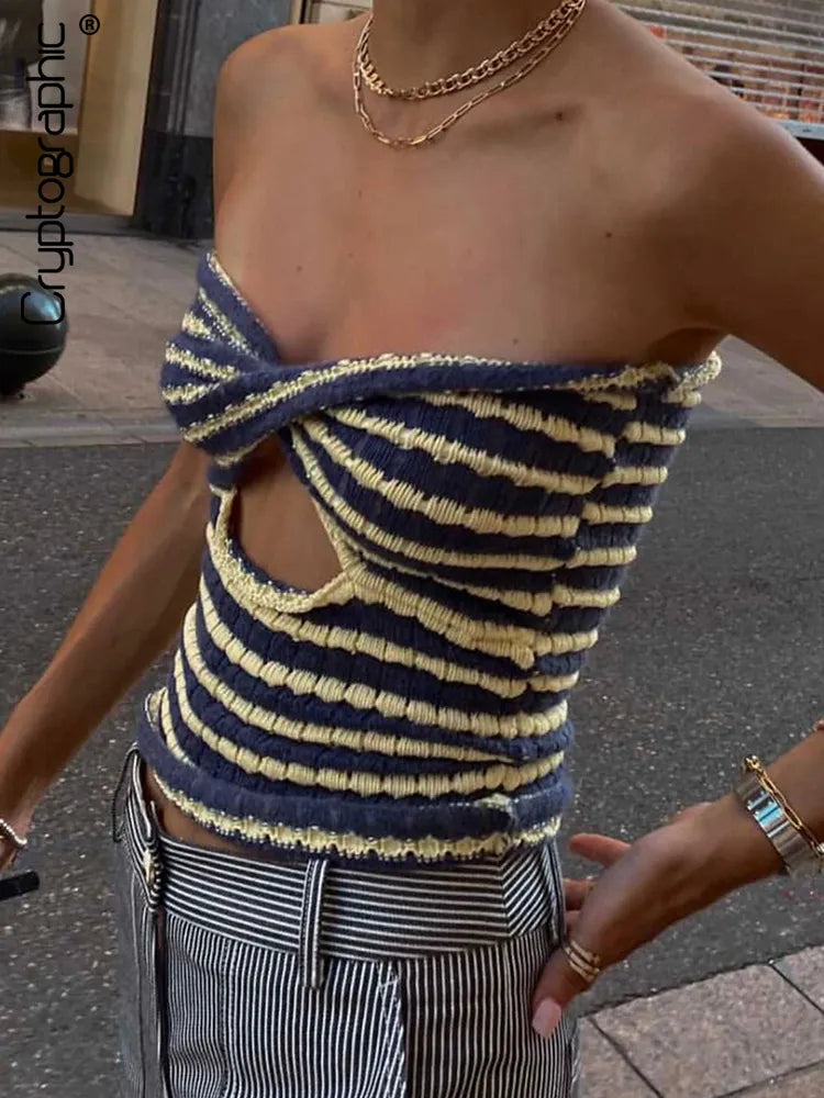 Getadme-Knitted Sweaters Cut Out Sexy Strapless Crop Tops for Women Fashion Backless Striped Cropped Tanks Top Streetwear