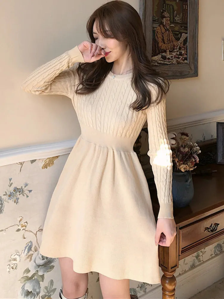 High Quality 2023 New Autumn Winter Knitted Sweater Dress Women A-line Solid High Waist Vestidos Elegant Korean Mini Dresses