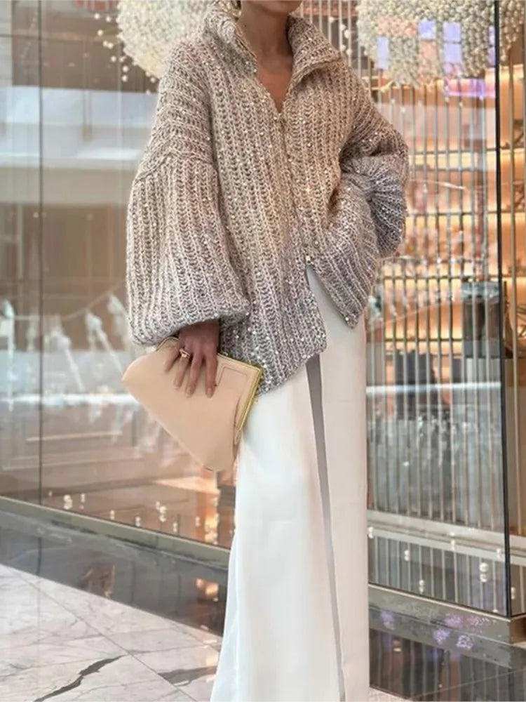 Getadme Elegant Lurex Sequin Sweater Cardigan Women Long Sleeve Stand Collar Zipper Sparkling Knitted Coat Autumn Chic Streetwear