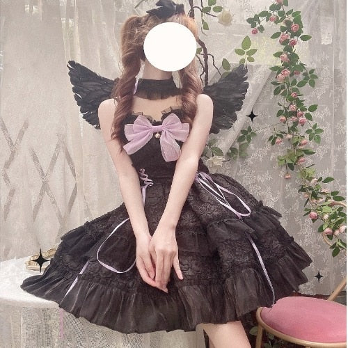 Getadme-Dark Gothic Lolita Jsk Dress Women Kawai Bow Lace Y2k Sleeveless Bandage Slip Dresses Girl Sweet Princess Party Mini Vestidos