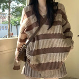Getadme-Korean Style Vintage Brown Striped Sweater Women Harajuku Oversize Pullover Jumper Preppy Jerseys Casual Knitted Tops