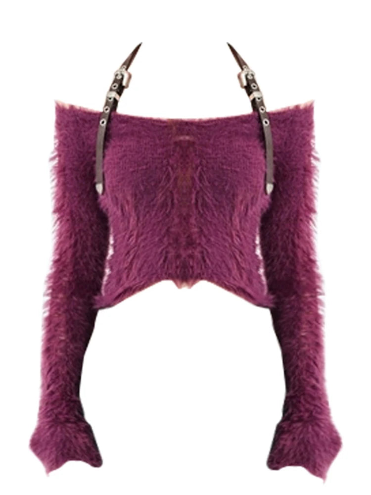 Getadme 4 Fall Woman 2000s Gyaru Coquette Halter Crop Top Pullovers Slash Neck Jumper Fluffy Sweater Design Knitwears Y2K Hot Sexy Kawaii