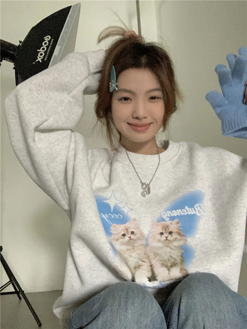 Getadme Chic Sweet O-neck Printed Hoodie Women Aesthetic Cartoon Kawaii Clothes Loose Casual Long Sleeve Y2k Top Harajuku Sweatshirts