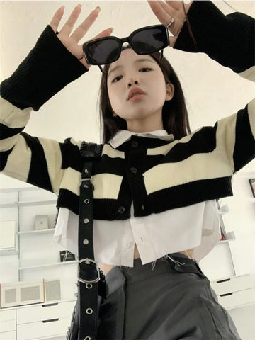 HOUZHOU Vintage Y2K Striped Cropped Sweater Cardigan Women Kpop Knitted Tops Korean Streetwear Harajuku Jumper Two Piece Set