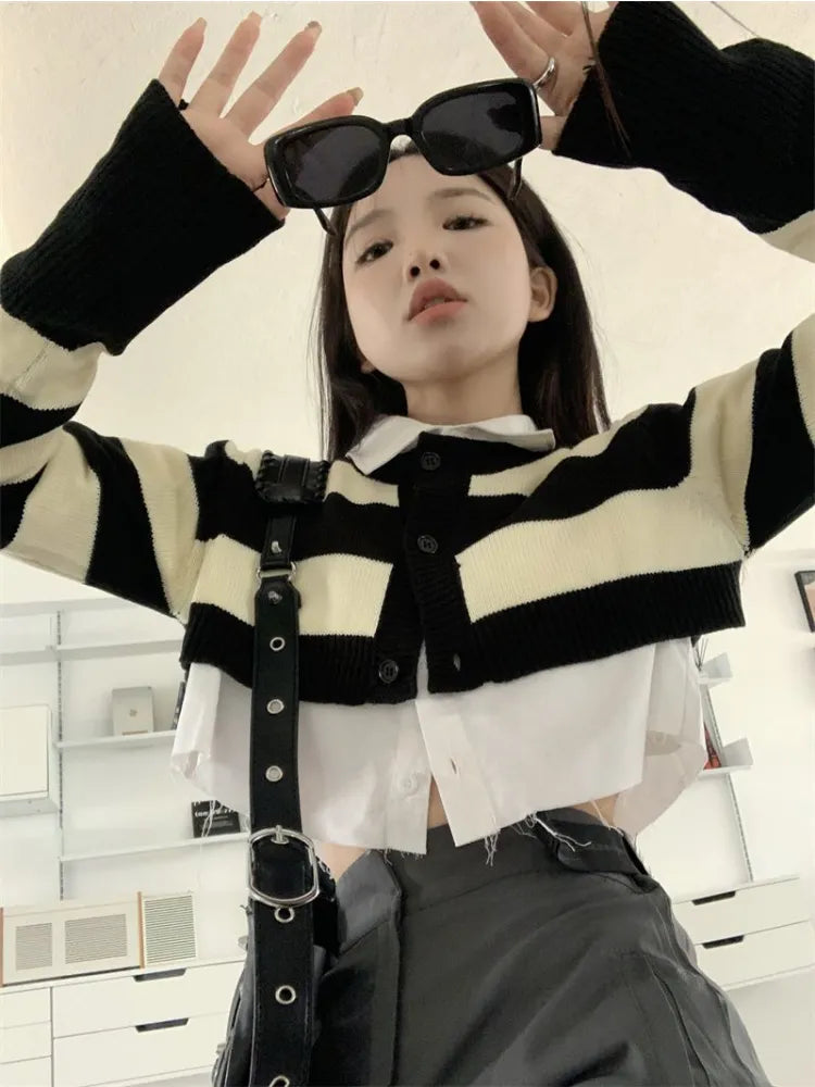 HOUZHOU Vintage Y2K Striped Cropped Sweater Cardigan Women Kpop Knitted Tops Korean Streetwear Harajuku Jumper Two Piece Set