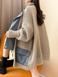 Getadme-Spring Autumn Denim Patchwork Loose Lazy Style Thickened Clothes Knitted Sweater Coat Cardigan Top Women