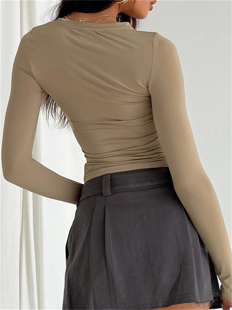 Getadme Women Casual Long Sleeve T-Shirts Spring Autumn Solid Slim Fit Pullovers Tees Shirts Female Streetwear Base Tees Tops