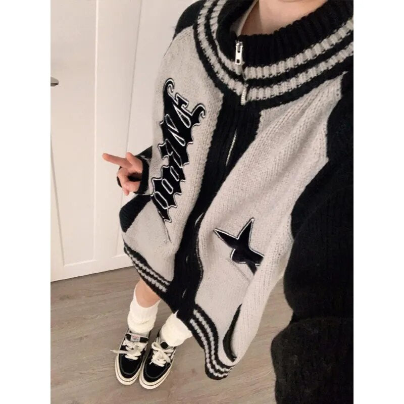 Getadme-Streetwear Y2k Zip Sweater Cardigan Women Retro Grey Striped Patchwork Oversize Letter Jumper Korean Style Knitted Top