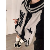 Getadme-Streetwear Y2k Zip Sweater Cardigan Women Retro Grey Striped Patchwork Oversize Letter Jumper Korean Style Knitted Top
