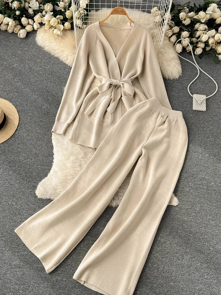 Winter Women Knitted Tracksuit 2 Pieces Long Sleeve Lace-up Sweater Cardigan Coat & Pant Suits Fashion Casual Two Piece Outfits