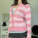 Getadme- Grunge y2k Fairycore Sweater Women Pink Striped Button Down Long Sleeve Cardigan Tops 2000s Aesthetic Knitted Clothes