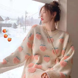 Lucyever Autumn Winter Thicken Warm Women Sweaters Harajuku Sweet Strawberry Embroidery Jumpers Casual Loose Knitted Pullovers