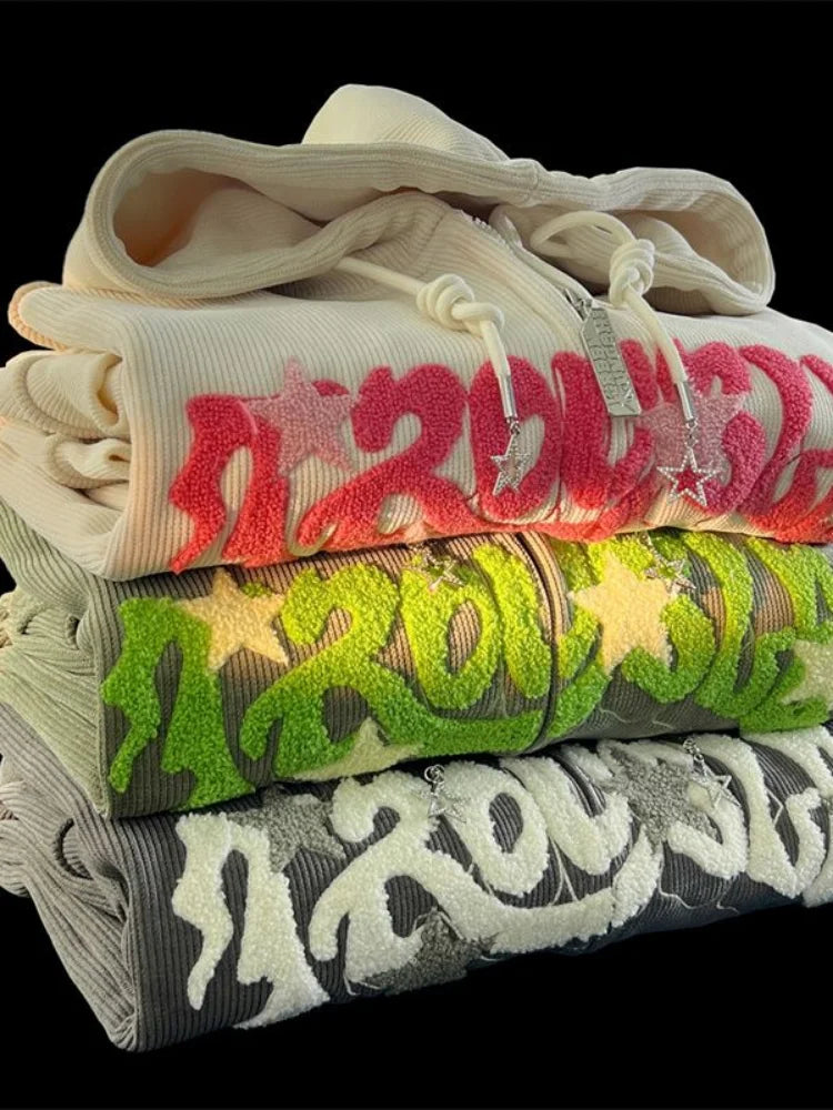 Getadme- Oversized Star Graphics Print Hoodies Women American Retro Graphic Hooded Sweatshirts Vintage Streetwear Zip Up Tops