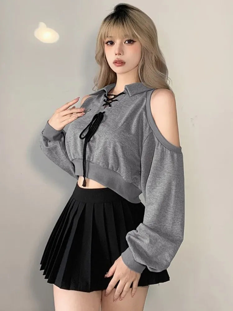 Getadme-Y2K Vintage Gray Cropped Hoodies Women Harajuku Sexy Off Shoulder Sweatshirts Korean Loose Casual Chic Tops Gothic Kpop