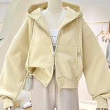 Getadme Hoodies Women Solid Color Cardigan Vintage Jacket Hip Hop Harajuku Fashion Casual Hooded Long-sleeved Sweatshirt Clothes