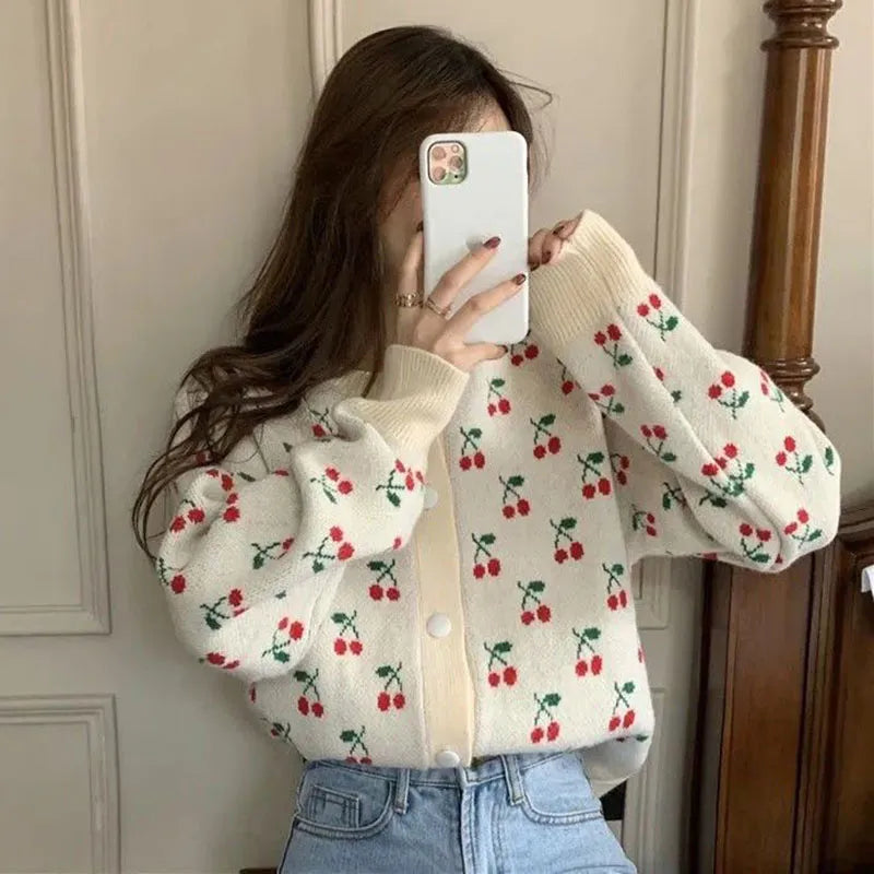 Lucyever Autumn Winter Cardigan Women Sweater Harajuku Design Ins Sweet Knitted Cardigans Female All-Match Loose Print Knitwear