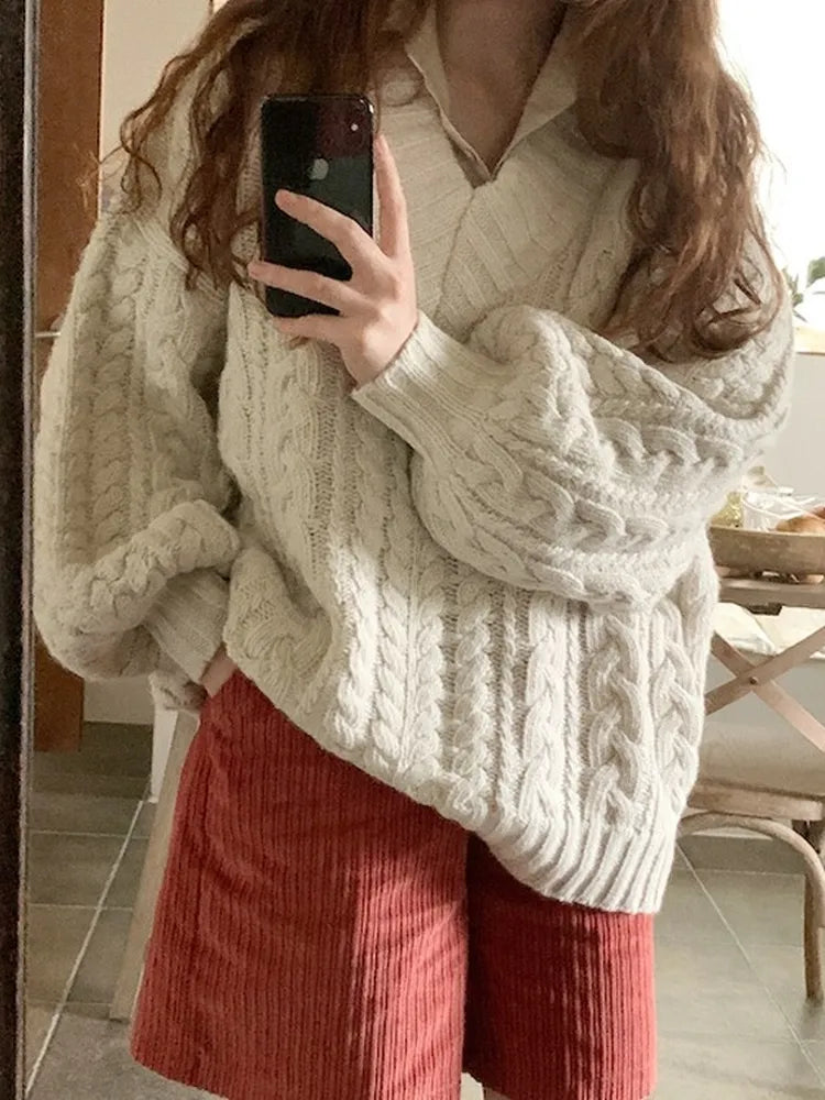 Getadme Winter Women Sweater Women Clothing Knitted Loose Sweater Wool Oversize Pullover Woman Sweaters Girls Thick Long Sleeve Top Tarf