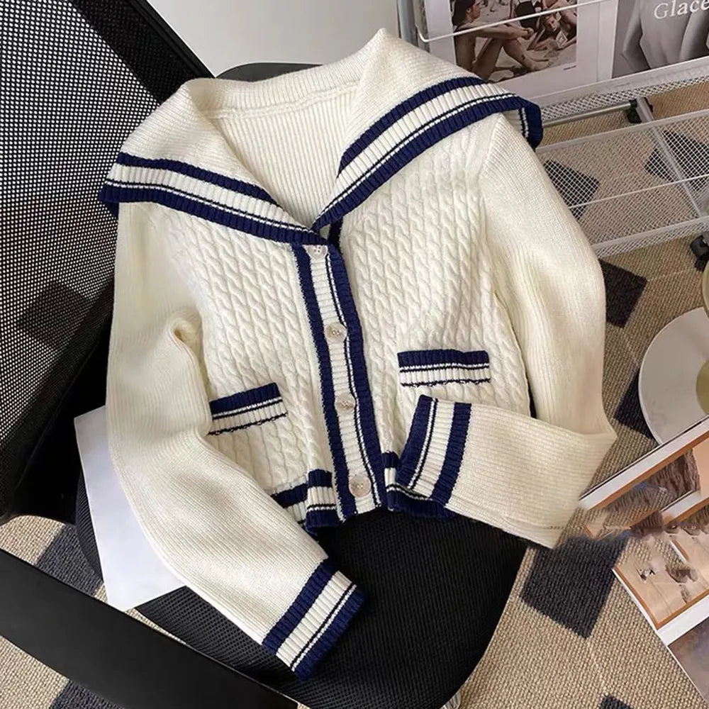 Getadme Women Preppy Style Sweater Cardigan Autumn Winter White Sailor Collar Knitted Coat Casual Loose Long-Sleeved Warm Jacket