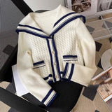 Getadme Women Preppy Style Sweater Cardigan Autumn Winter White Sailor Collar Knitted Coat Casual Loose Long-Sleeved Warm Jacket