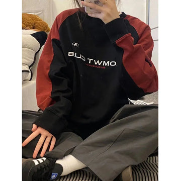 HOUZHOU Vintage Y2K Patchwork Crewneck Sweatshirts Women Harajuku Kpop Letter Print Oversize Long Sleeve Hoodies Cotton Korean