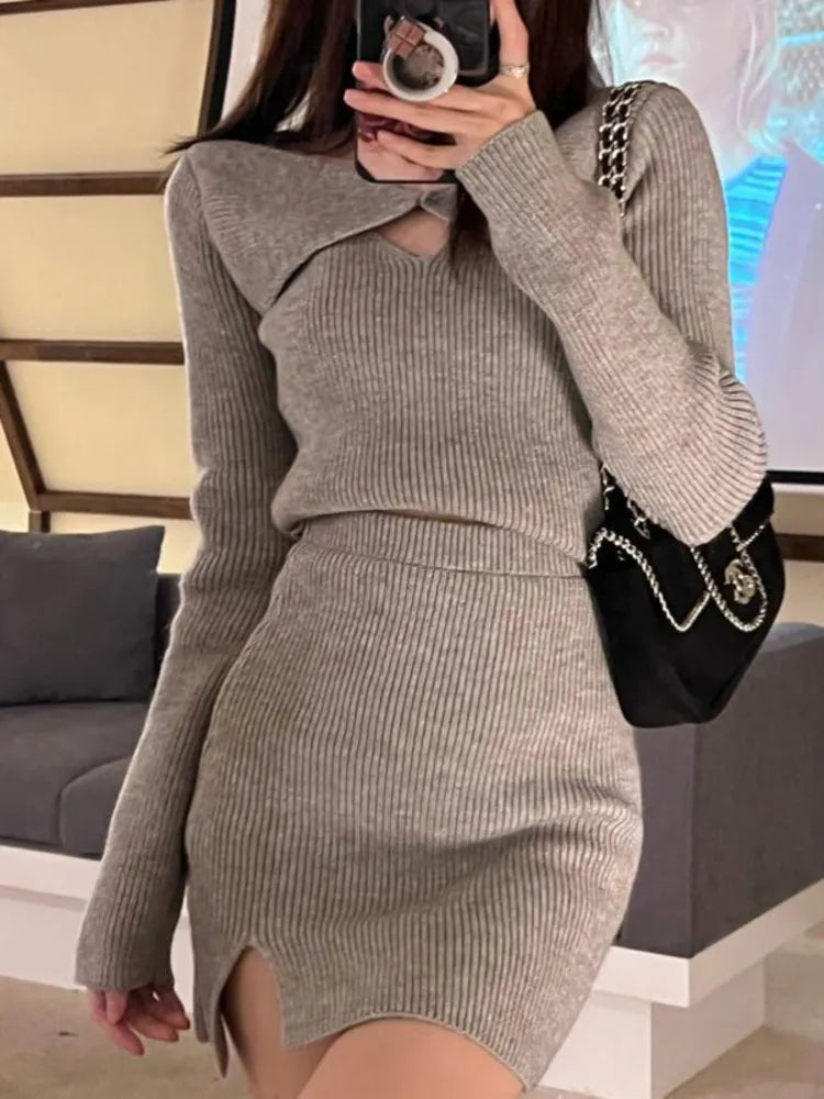 Getadme-New Spring Fall Knitted 2 Piece Set Women Sexy Sweater Crop Top + Bodycon Skirts Sets Girls Fashion Casual Two Piece Suits