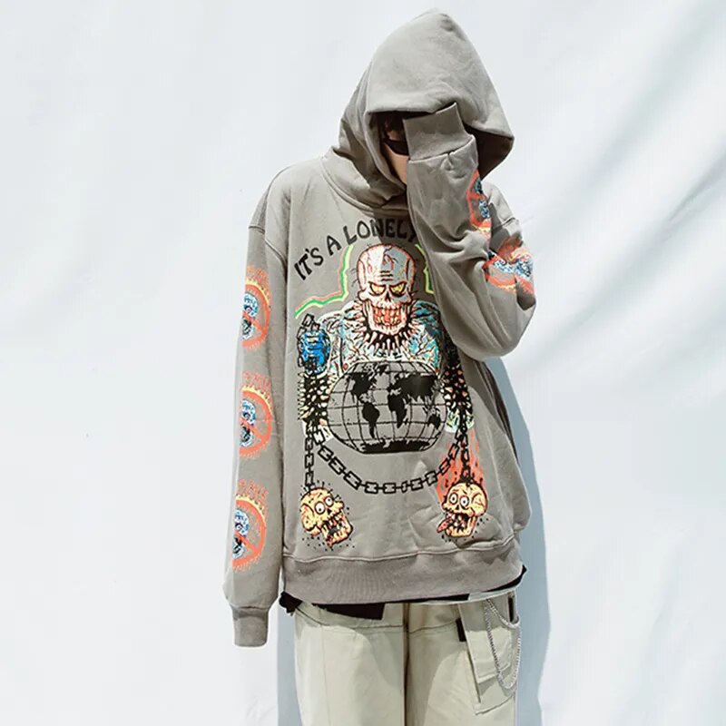 Kanye Fleece Skull Graffiti Mens Sweatshirt Oversize Harajuku Loose Casual Couple Hoodies Stranger Things Hooded Hoodie 2020
