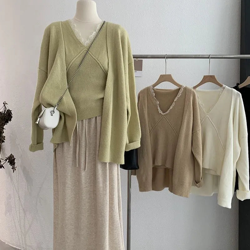 Two Pieces Sets Fashion V-Neck Pullovers Vest Cardigan Long Sleeve Sweater Women's Casual Solid Elegant Clothing New