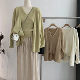 Two Pieces Sets Fashion V-Neck Pullovers Vest Cardigan Long Sleeve Sweater Women's Casual Solid Elegant Clothing New