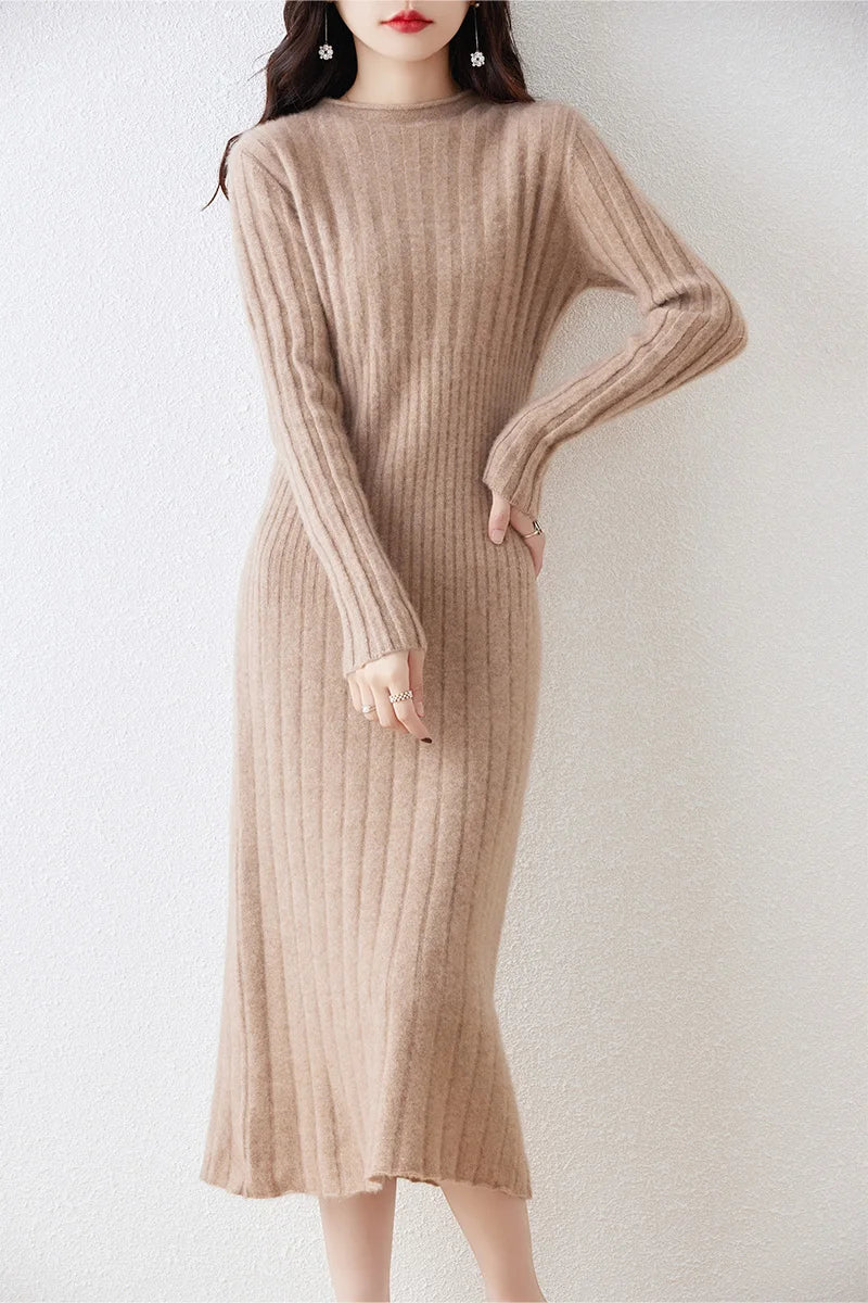 Getadme 100% Merino Wool Sweater Dress  Autumn And Winter New Women's Striped Round Neck Pleated Skirt Pullover