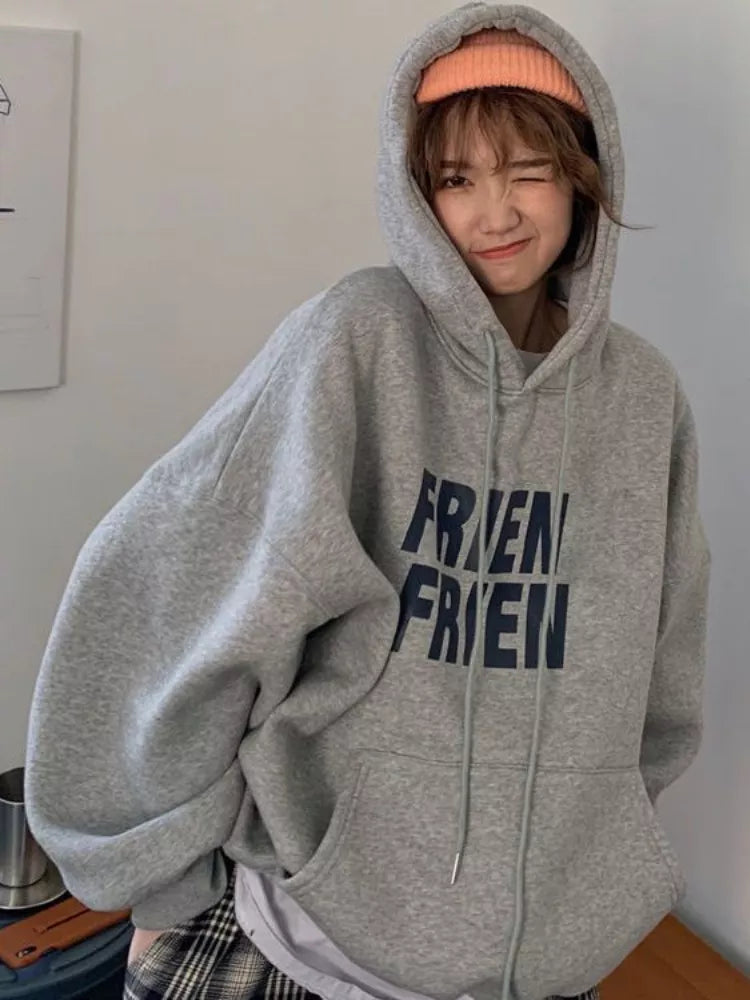 Getadme- Oversized American Retro Hoodies Women Korean Casual Hooded Sweatshirts Thicken Warm Top Harajuku Pullover Autumn