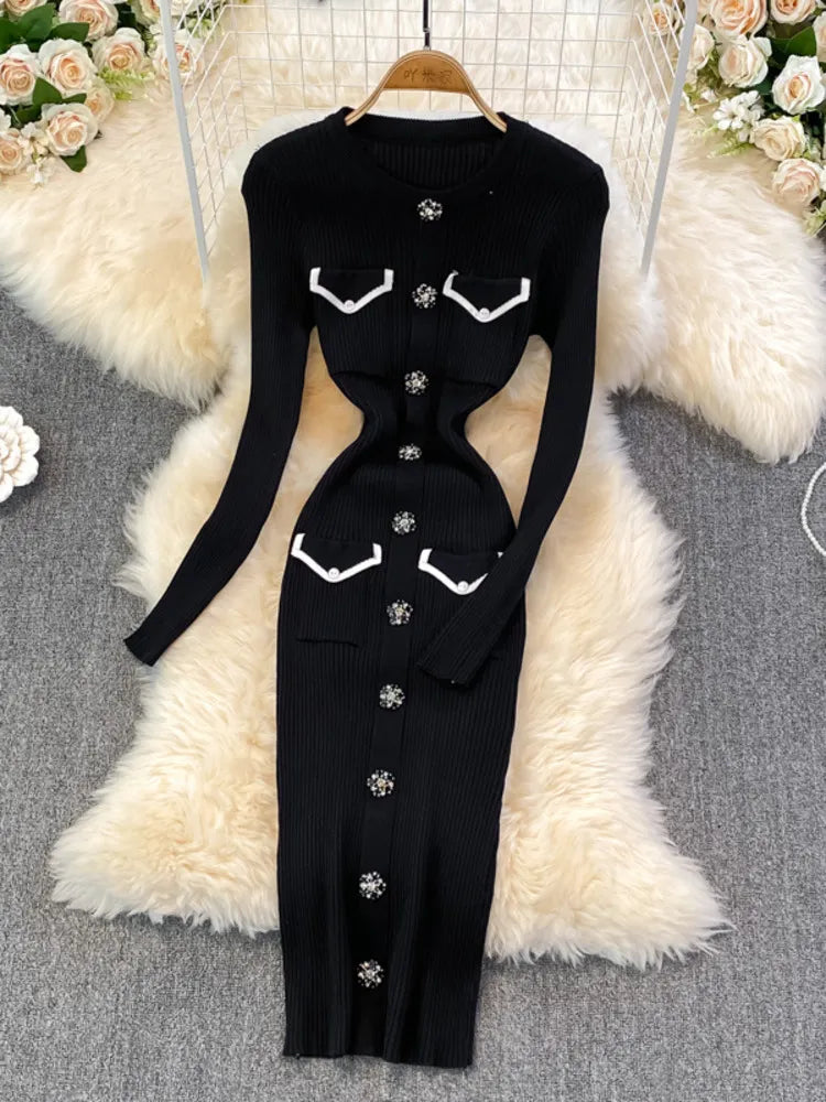 Small Fragrance Sheath Bodycon Bottomed Sweater Dress Women 2022 Autumn Korean Fashion Casual Knitting Dresses Party Vestidos