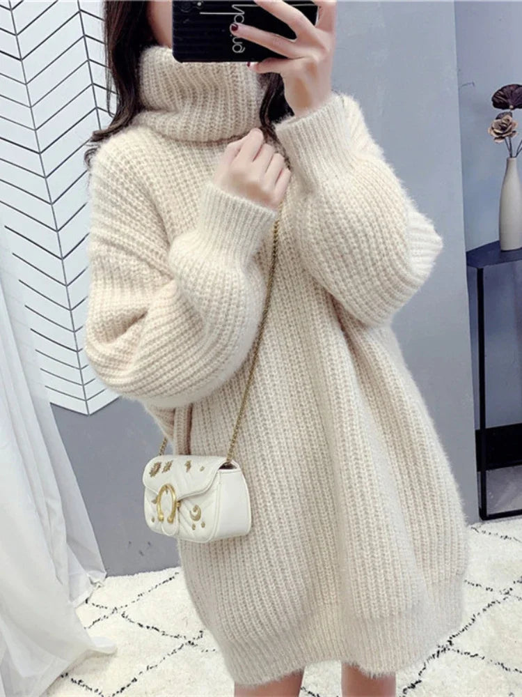 Getadme-Women's Sweater High Neck Long Sleeve Sweater Dress Autumn Winter New Mid Length Knitted Womens Clothing Comfortable Versatile