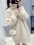 Getadme-Women's Sweater High Neck Long Sleeve Sweater Dress Autumn Winter New Mid Length Knitted Womens Clothing Comfortable Versatile