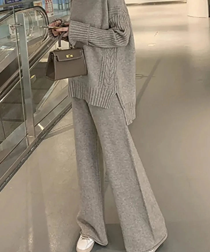 Getadme Autumn Winter 2 Pieces Women Sets Knitted Tracksuit New Turtleneck Sweater and Wide Leg Jogging Pant Pullover Suits