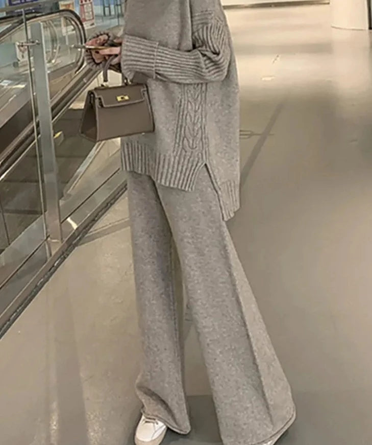 Getadme Autumn Winter 2 Pieces Women Sets Knitted Tracksuit New Turtleneck Sweater and Wide Leg Jogging Pant Pullover Suits