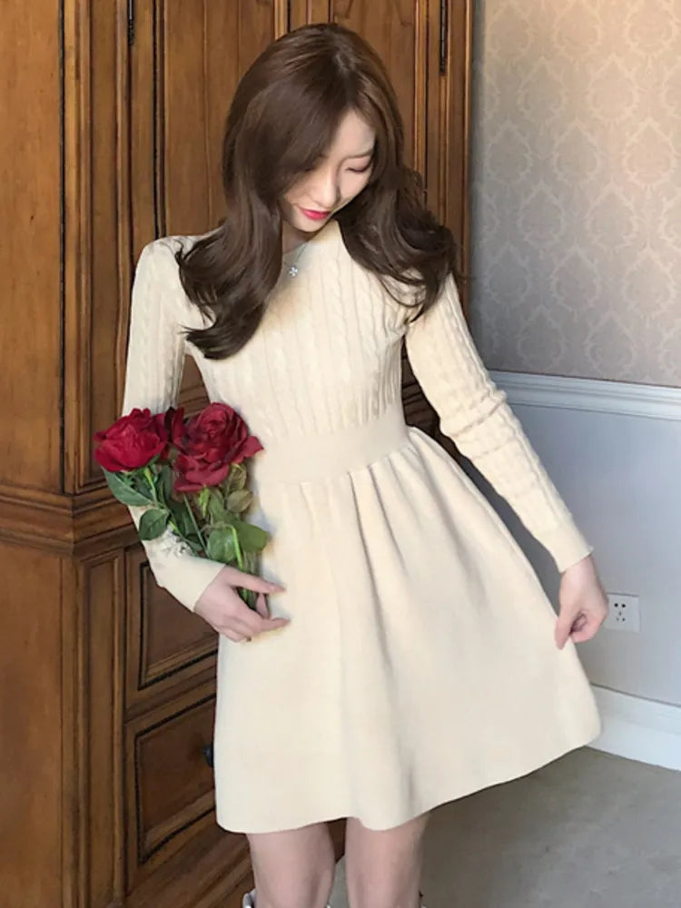 High Quality 2023 New Autumn Winter Knitted Sweater Dress Women A-line Solid High Waist Vestidos Elegant Korean Mini Dresses