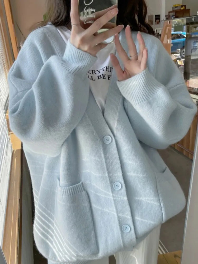 Getadme-Autumn Winter Cardigan Women Oversize Knitted Sweater Lady Korean Style Single Breasted Jumper Female Casual Loose Knitwear Coat