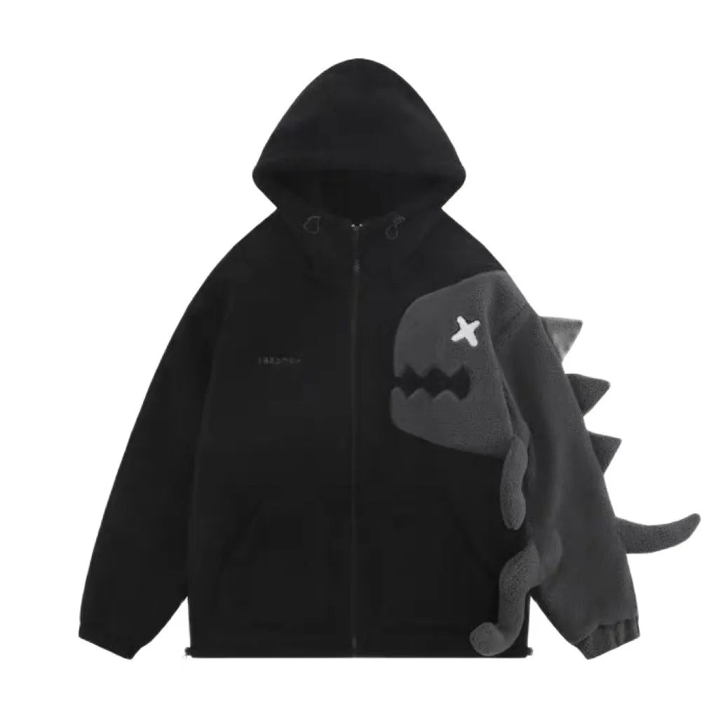 Getadme-American Design Sense Cartoon Dinosaur Splice Lamb Fleece Hooded Sweater Coat for Men and Women in Autumn and Winter