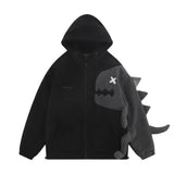 Getadme-American Design Sense Cartoon Dinosaur Splice Lamb Fleece Hooded Sweater Coat for Men and Women in Autumn and Winter