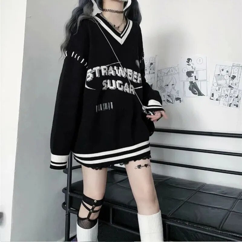 Getadme-Gothic Y2k Letter Black Sweater Women Harajuku Punk Dark Grunge Oversize Knitted Top Japanese Style Jk Jumper Female