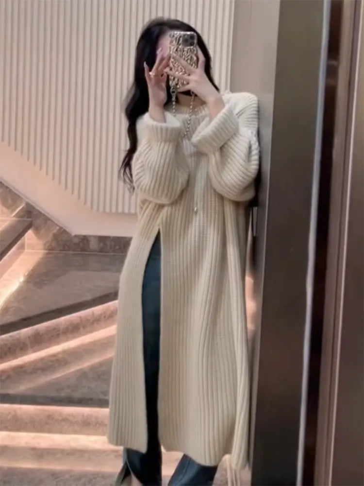 Getadme European Elegant High Waist Split New Chic Unique Beautiful Knitted Sweater Dress Women Autumn Winter Sweater Outer Dresses