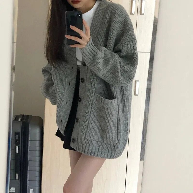 Getadme-Autumn Winter Women Cardigan Sweater Coats Fashion Female Long Sleeve V-neck Loose Knitted Jackets Casual Sweater Cardigans