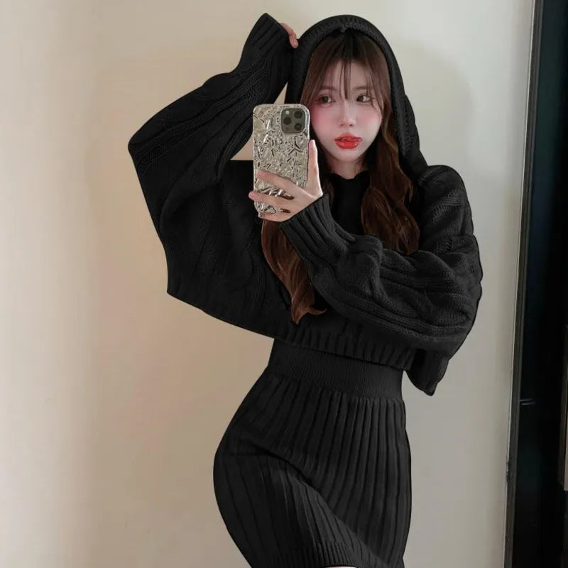 Sweet and Spicy Style Fried Street Fashion Set Women's Autumn 2023 New Hooded Knitted Sweater Half Skirt Two Piece Set