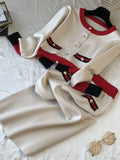 Korean Knitted 2 Piece Set Women Single-breasted Splicing Sweaters + Elastic Skirt Suits Sets Casual Fashion Elegant Outfits