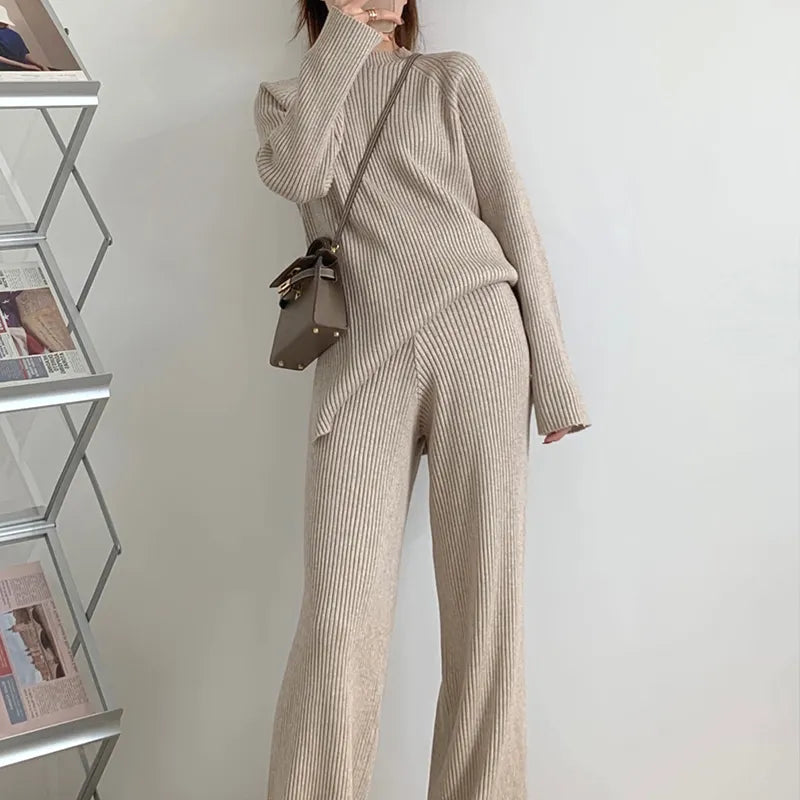 Getadme-Chic Thicken Wool 2 Piece Sets Women Winter Gray Elegant O-neck Sweater + Wide Leg Pants Ladies Korean Streetwear Pant Sets