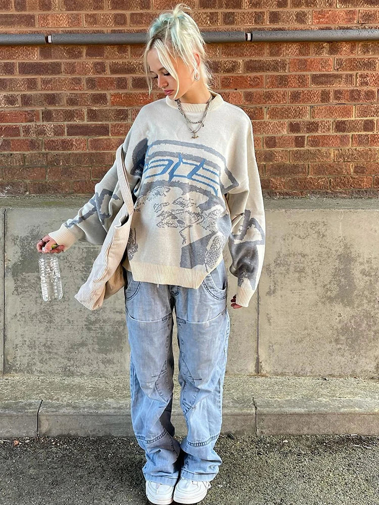 Getadme Women Pullover Sweater Creative Knitted Streetwear Ladies Oversize O Neck Knitwear Female Fashion Long Sleeve Top Pull Femme