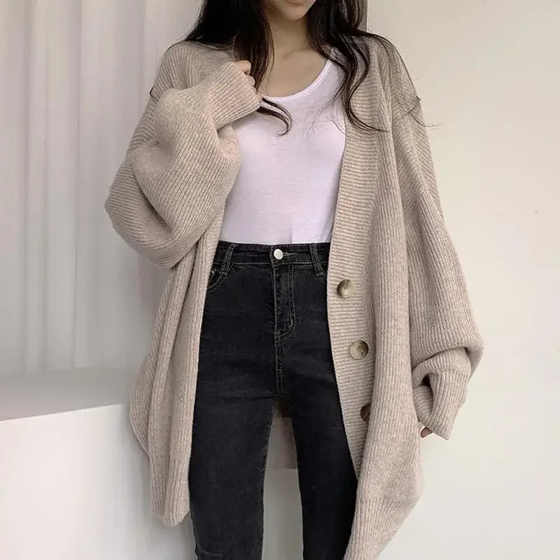 Getadme-Fall Winter College Style V-Neck Sweater Cardigan Single Breasted Loose Lantern Sleeve Knitted Cardigan Sweater Women