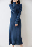 Getadme 100% Merino Wool Sweater Dress  Autumn And Winter New Women's Striped Round Neck Pleated Skirt Pullover