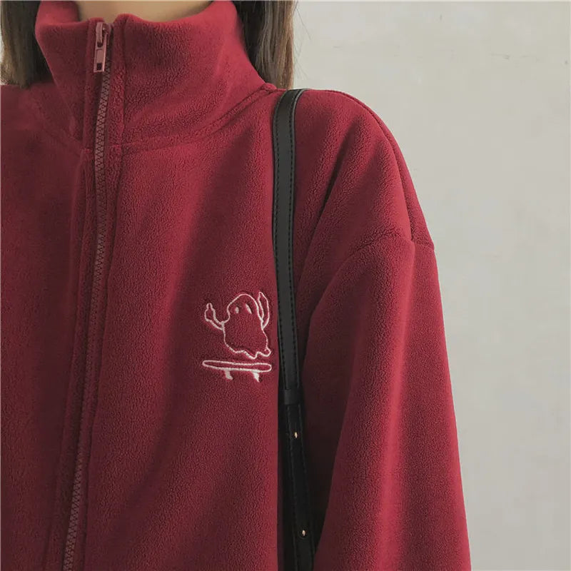 Getadme Y2k Women Embroidery Zip Up Hoodie Fleece Jacket Thick Warm Winter Plush Zipper Sweatshirt Outwear Hoodies Tops Clothes